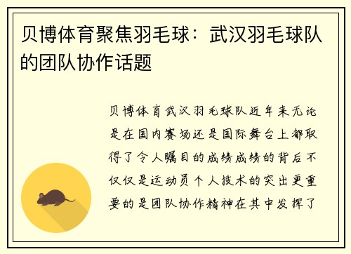 贝博体育聚焦羽毛球：武汉羽毛球队的团队协作话题