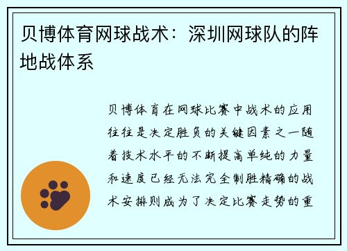 贝博体育网球战术：深圳网球队的阵地战体系